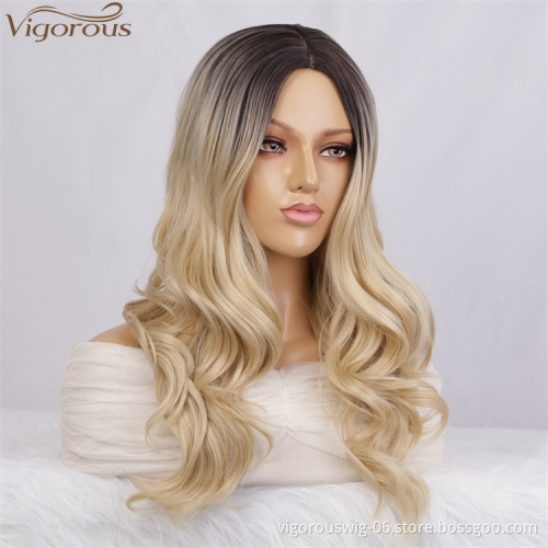 Vigorous Long Wavy Wig For Black Women Ombre Blonde Middle Part Wigs Heat Resistant Synthetic Wigs Wholesale Price